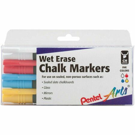 PENTEL Chisel Tip Wet Erase Markersg-White, Yellow, Blue & Red, 4PK SMW26PC-M